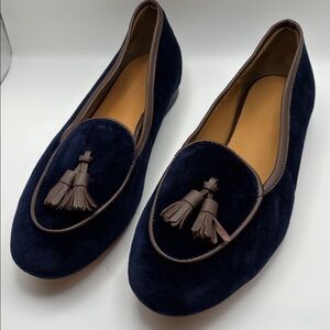 J. McLaughlin Navy Velvet Loafers with Brown Tassels - Size 6.5
